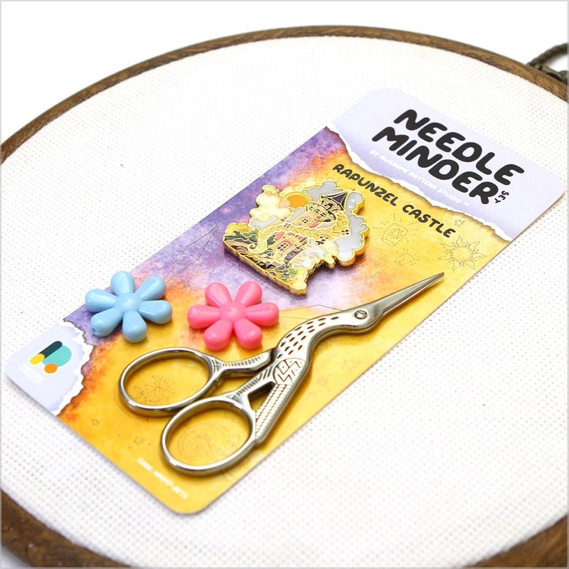Awesome Pattern Studio Needle Minder Set - Rapunzel Castle Magnetic Needle Minder + 2 Needle Threaders + Crane Scissors. Enamel Pin for Cross Stitch, Embroidery and Craft - Image 2
